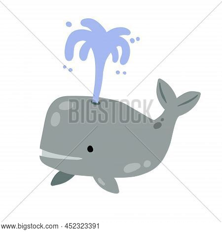 Cute Funny Whale With Water Fountain. Marine Animal. Children Drawing In Scandinavian Style. Funny B