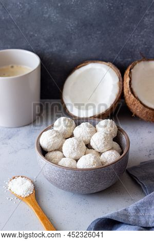 Coconut Candy Or Cookies. Dessert. Coconut. Vegetarian Food.