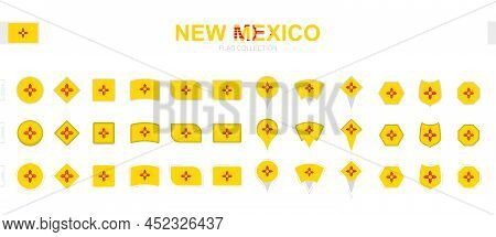 Large Collection Of New Mexico Flags Of Various Shapes And Effects. Big Set Of Vector Flag.