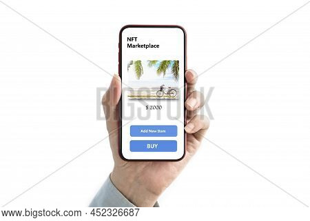Hand Holds Smartphone Display Screen Nft Blockchain Marketplace , Technology Blockhain Investment Bu