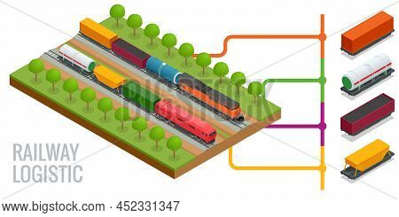 Isometric Diesel Locomotive, Rail Covered Wagon, Tanks, Freight, Cisterns, Open Rail Car For Transpo