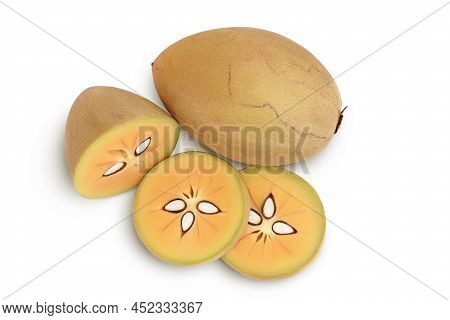 Sapodilla Isolated On White Background With Clipping Path And Full Depth Of Field. Top View. Flat La
