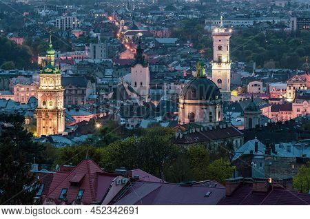 Night View Of Weastern European City Lviv, Architecture Background