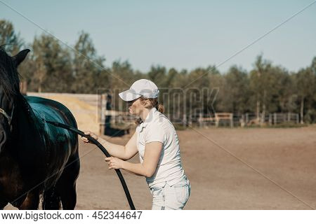 Caucasian Woman Washing Horse With Hose In Outdoors.