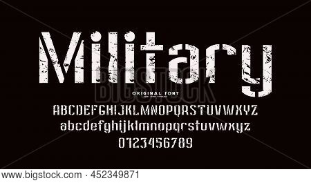 Stencil-plate Sans Serif Font In Military Style. Letters And Numbers With Rough Textured For Logo An