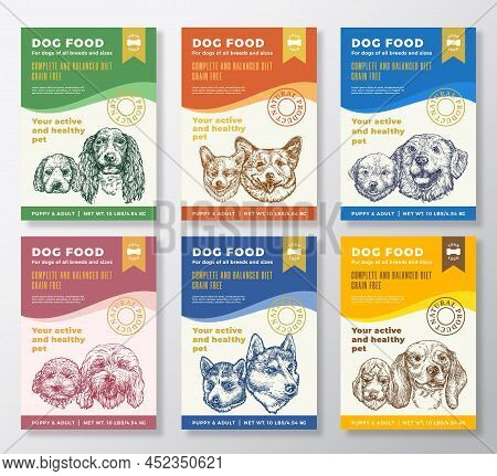 Dog Pet Food Label Templates Set. Abstract Vector Packaging Design Layouts Collection. Typography Ba