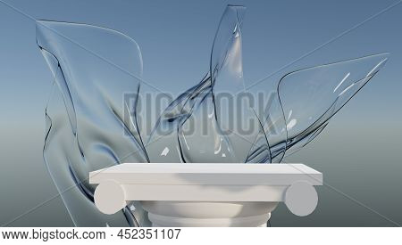 Abstract Background Mock Up With Podium For Product Display And Gypsum Ancient Sculpture. Blank Prod