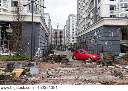 Bucha, Ukraine - Apr. 03, 2022: Chaos And Devastation On The Streets Of Bucha After The Exit Of The 