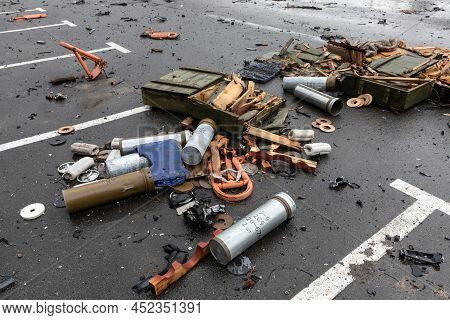Bucha, Ukraine - Apr. 03, 2022: Chaos And Devastation On The Streets Of Bucha After The Exit Of The 
