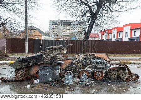 Bucha, Ukraine - Apr. 03, 2022: Chaos And Devastation On The Streets Of Bucha After The Exit Of The 