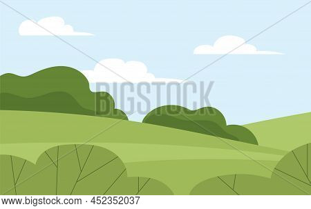 Summer Landscape Of Nature. Panorama With Green Forests, Fields And Blue Sky With Clouds. Rural Scen