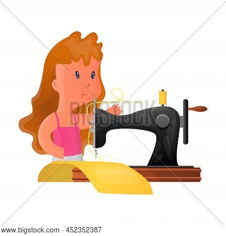 Vector Isolated Illustration Young Woman Sewing On Vintage Sewing Machine. Concept Cutting, Weaving,
