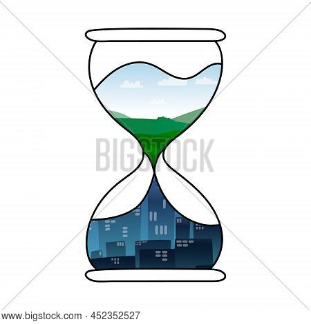 Vector Illustration Hourglass, Where Abstract Sand In The Form Of Nature That Passes Into The City. 