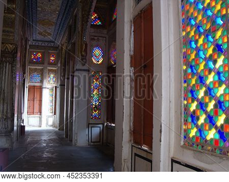 Jodhpur, Rajasthan, India, August 14, 2011: Room Decorated With Stained Glass Windows Inside The Meh