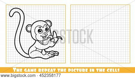 Cute Cartoon Monkey Eating Banana Outlined The Game Repeat The Picture In The Cells