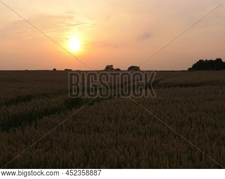 Sun Setting On Farmers Field At Dusk Silhouette