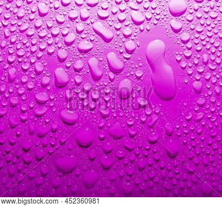 Natural Water Drop Texture. Full Frame Shot Of Water Drops On Window. Violet Background. Violet Text