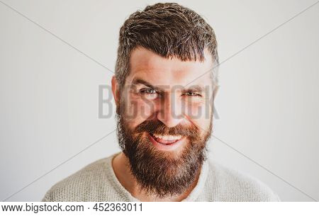 Happy Smiling Bearded Man Portrait. People Emotions, Face Exspression.