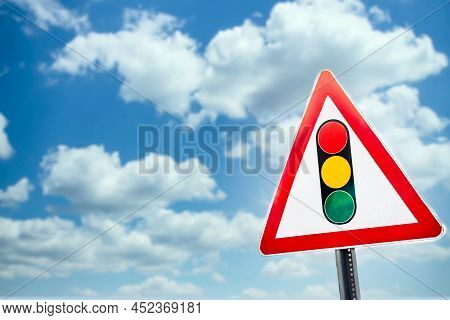 Traffic Light Sign Against To Blue Sky, Copy Space For Text