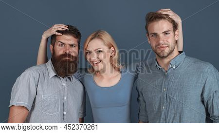 Friendly Relations. Girl And Guys Happy Together. Woman Hugs Two Men. More Than Friends. True Friend