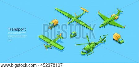 Transport Isometric Web Banner With Electric Car, Cleaner Truck, Refrigerator Van, Helicopter, Passe