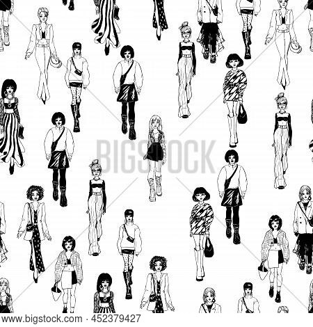 Seamless Pattern. Women In Trendy Clothes. Defile Sketch.