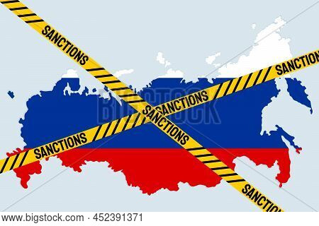 Sanctions Against Russian Federation. Russian Map With Restriction Sign. Embargo And Economucal Crys