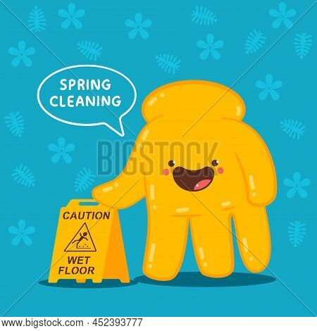 Cute Cleaning Glove Hand With Caution Sign Vector Cartoon Character Illustration.