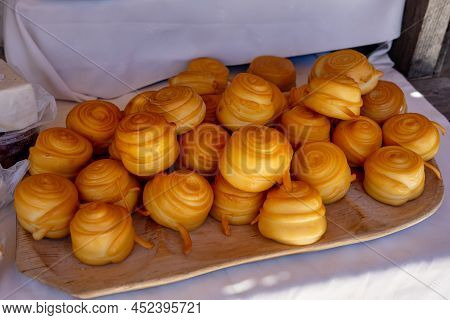 Traditional Slovakian Smoked Rolled Cheese Called Parenica In A Hungarian Agriculture Fair In Kaptal