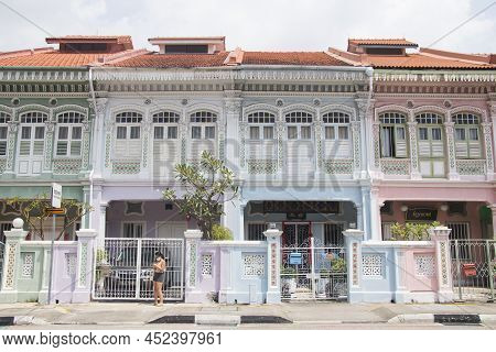 Singapore- Mar 26, 2020: Colorful Peranakan Heritage Residential House At Joo Chiat Road In Singapor