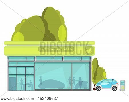 Flat Design Eco Friendly Electro Cars Dealer Centre On White Background Vector Illustration