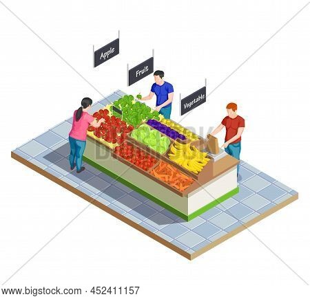 Isometric People Shopping Composition Of Supermarket Section With Fruits And Vegetables Checkweighin