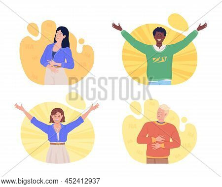Positive Emotions 2d Vector Isolated Illustrations Set. Laughing Flat Characters On Cartoon Backgrou