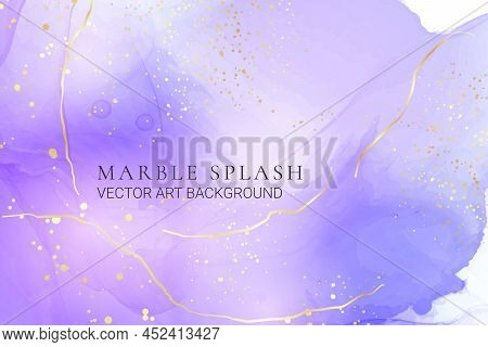 Purple Gey Liquid Watercolor Background With Golden Dots. Dusty Violet Marble Alcohol Ink Drawing Ef
