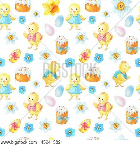 Watercolor Easter Seamless Pattern. Spring Flowers, Eggs, Eastercake.