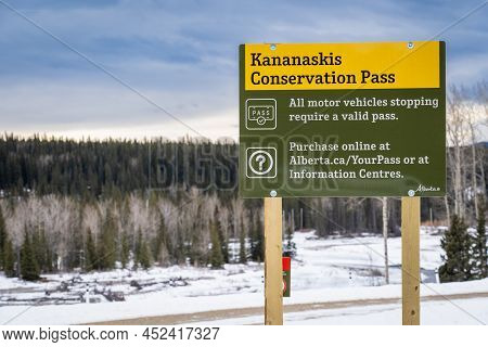 Kananaskis Alberta Canada, March 29 2022: A New Kananaskis Conservation Pass Sign For Alberta Provin