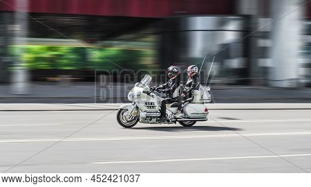 Honda Gold Wing Gl1800 Motorcycle With Rider Driving On High Speed. Moscow, Russia - July 2021