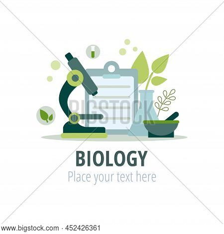 Biology And Botany Science Concept. Microscope And Other Objects