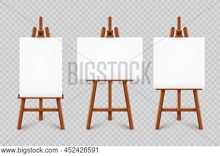 Realistic Paint Desk With Blank White Canvas. Wooden Easel And A Sheet Of Drawing Paper. Presentatio