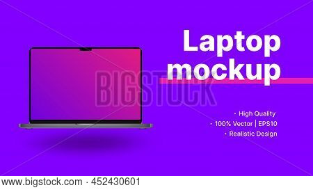 Laptop Advertisement Banner. Minicomputer Front View With Blank Screen Mockup. Minimalistic Purple W