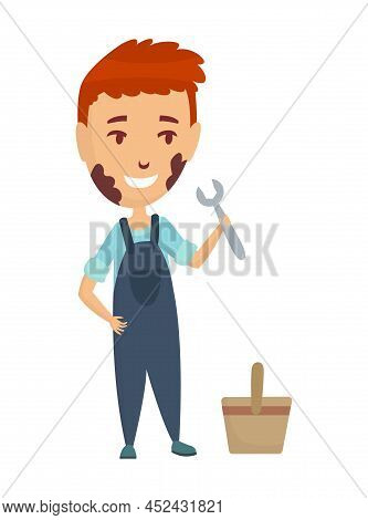 Kid Profession Repairman. Cartoon Young Person In Professional Uniform. Cute Children Occupation Vec