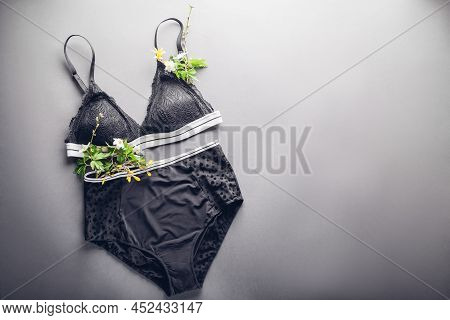 Set Of Female Lace Underwear And Spring Blossom. Wireless Soft Bra With High Waist Panties. Sexy Bla