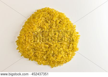 Bulgur Wheat, Heap Of Dry Uncooked Bulghur Wheat Grains On White Background, Top View