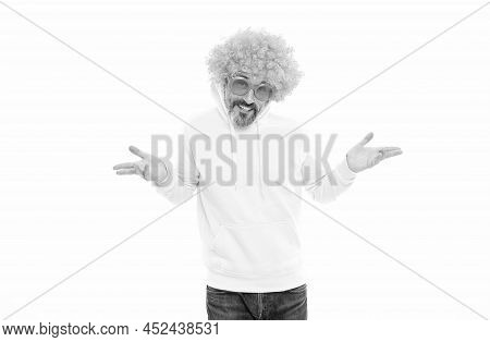 Here I Am. Funky Man. Bearded Man Wear Sunglasses With Orange Wig. Party Look