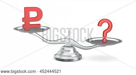 sign ruble and question on scale. Isolated 3D illustration on white background