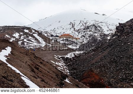 Cotopaxi, Ecuador - March 19, 2022: Hose Rivas Refuge Located On The Snowy Slope Of Cotopaxi Volcano