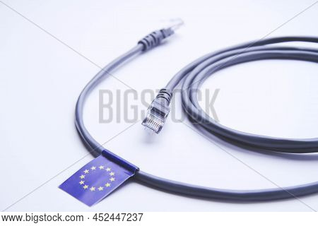 Internet In The European Union. Internet Cable With European Union Flag. Connecting A Pc To The Inte