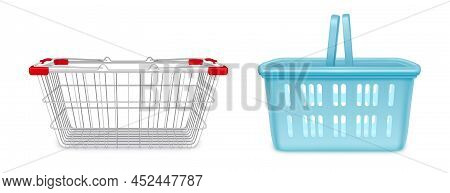 Shopping Baskets, Empty Supermarket Metal And Plastic Carts With Handles. Isolated Customers Equipme