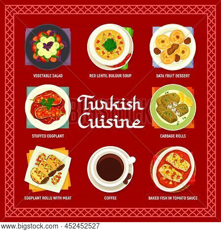 Turkish Cuisine Menu Vector Vegetable Salad, Red Lentil Bulgur Soup And Data Fruit Dessert. Stuffed 