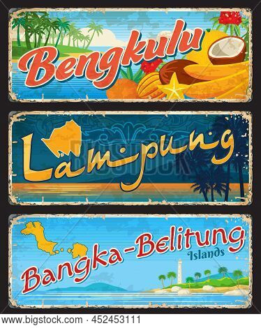 Bengkulu, Lampung And Bangka-belitung Indonesian Travel Plates And Stickers. Asian Journey Grunge Po